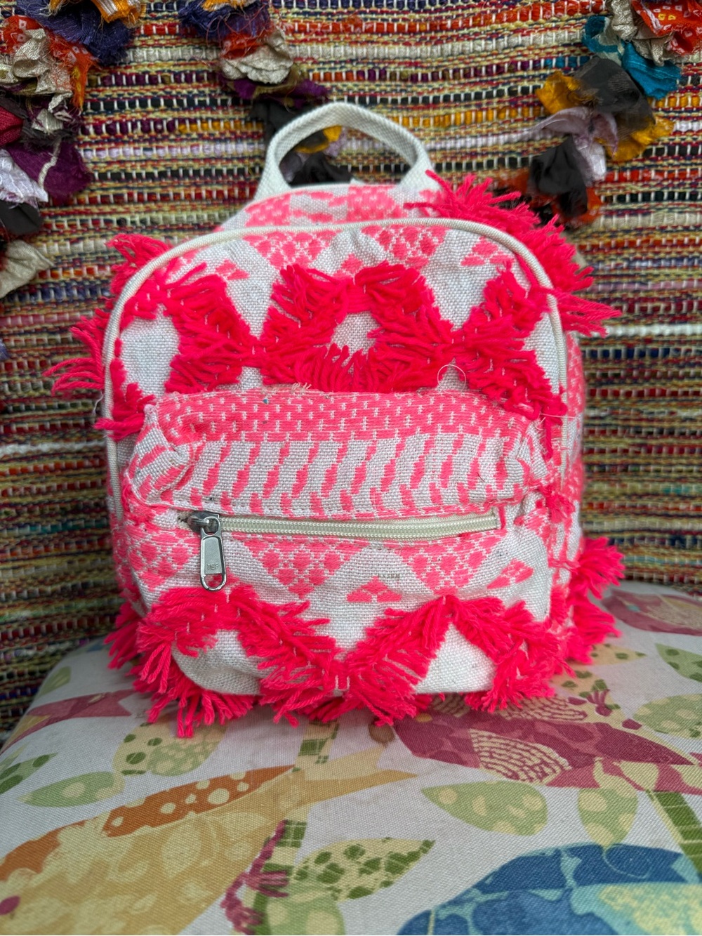 Boho Pink Fringe Mini Backpack made in India